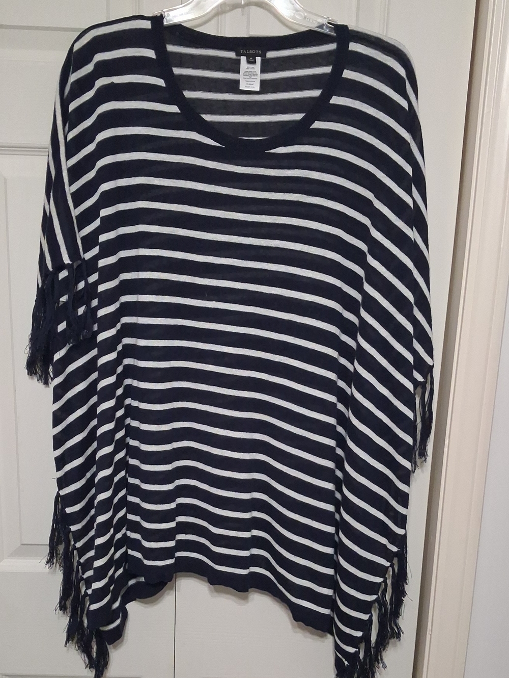 Talbots Navy & White Striped Fringe Pancho
